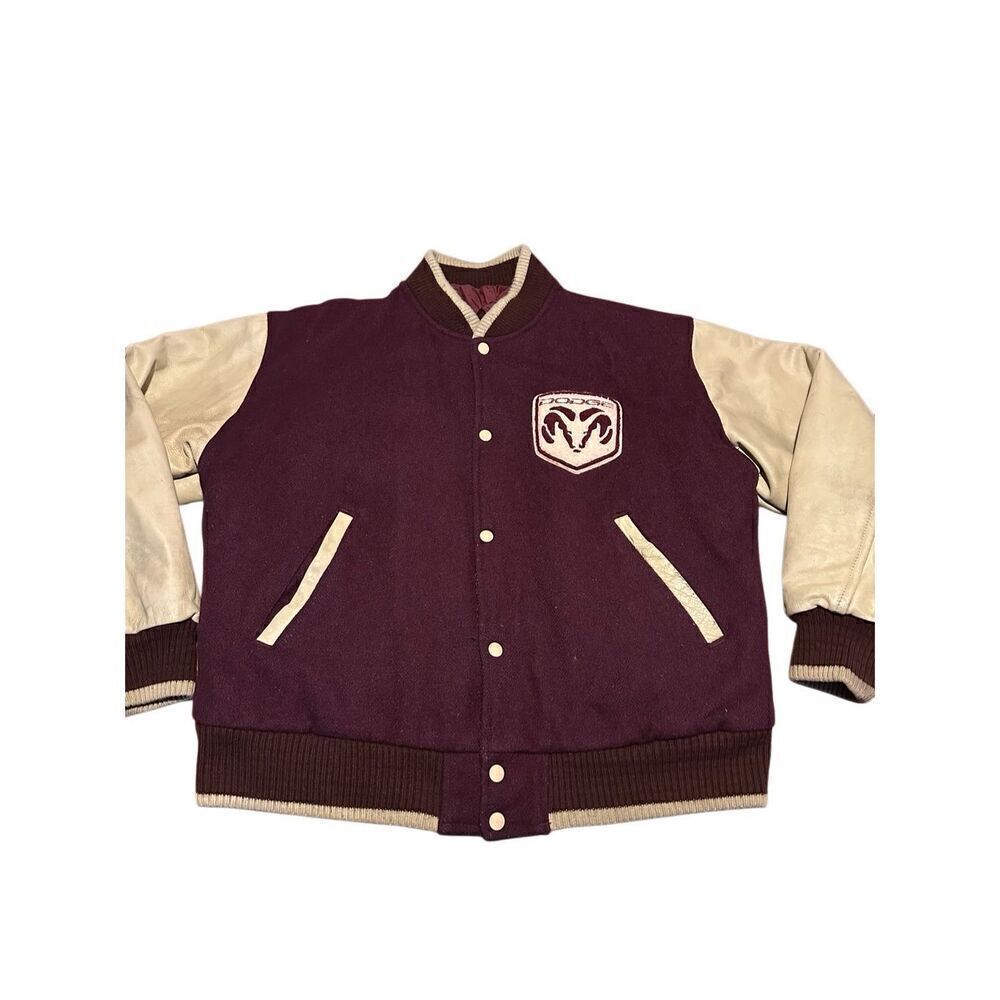 Vintage Dodge Racing Men’s Maroon Cream Varsity Wool Blend Leather Coat Size L